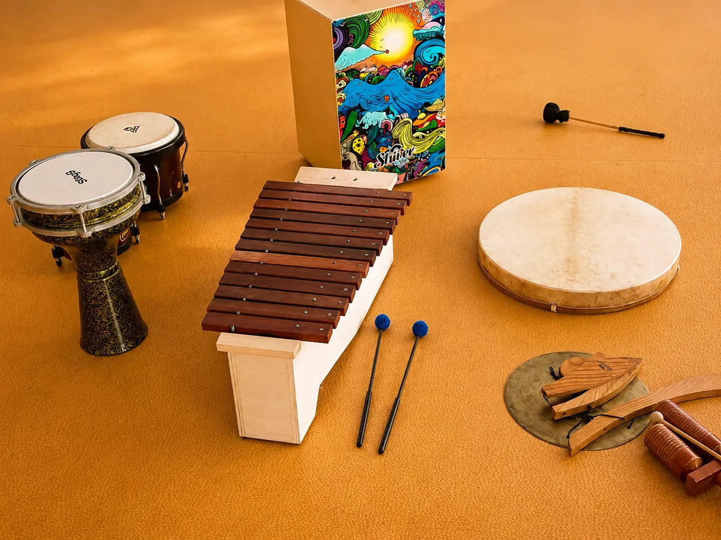 Darbouka, xylophone, bodhrán et percussions utilisés en séance